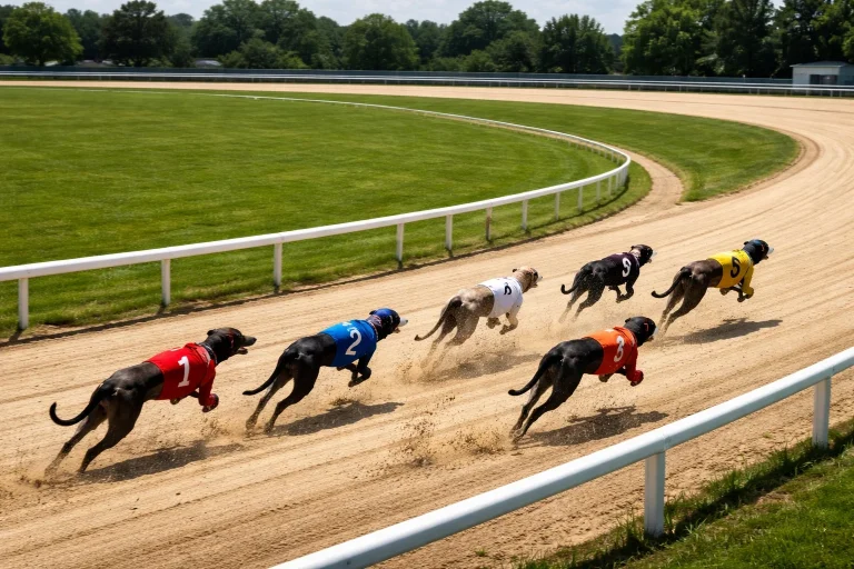 Six greyhounds in coloured jackets rounding the first bend during an afternoon BAGS meeting