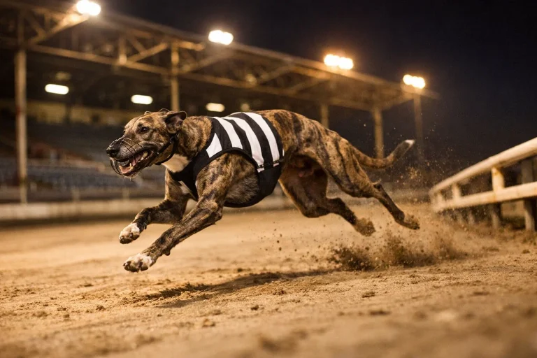 Brindle greyhound in full stride on a floodlit racing track with an empty grandstand behind