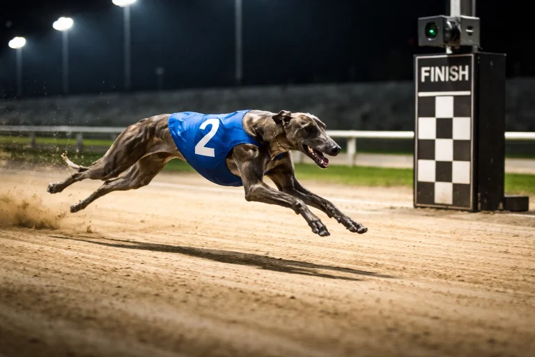 Female greyhound wearing a racing jacket crossing the finish line at a floodlit greyhound stadium