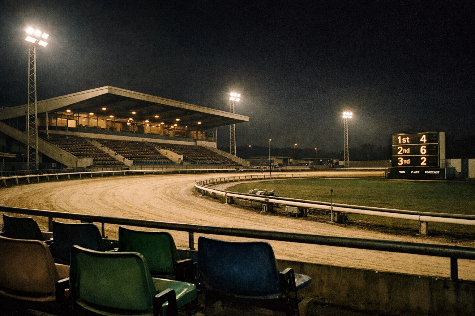 Greyhound racing at Brighton and Hove Stadium under evening floodlights with spectators along the rail