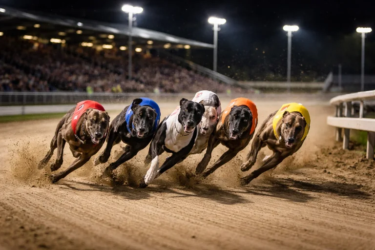 Greyhounds racing around the first bend under floodlights at a category one stakes night