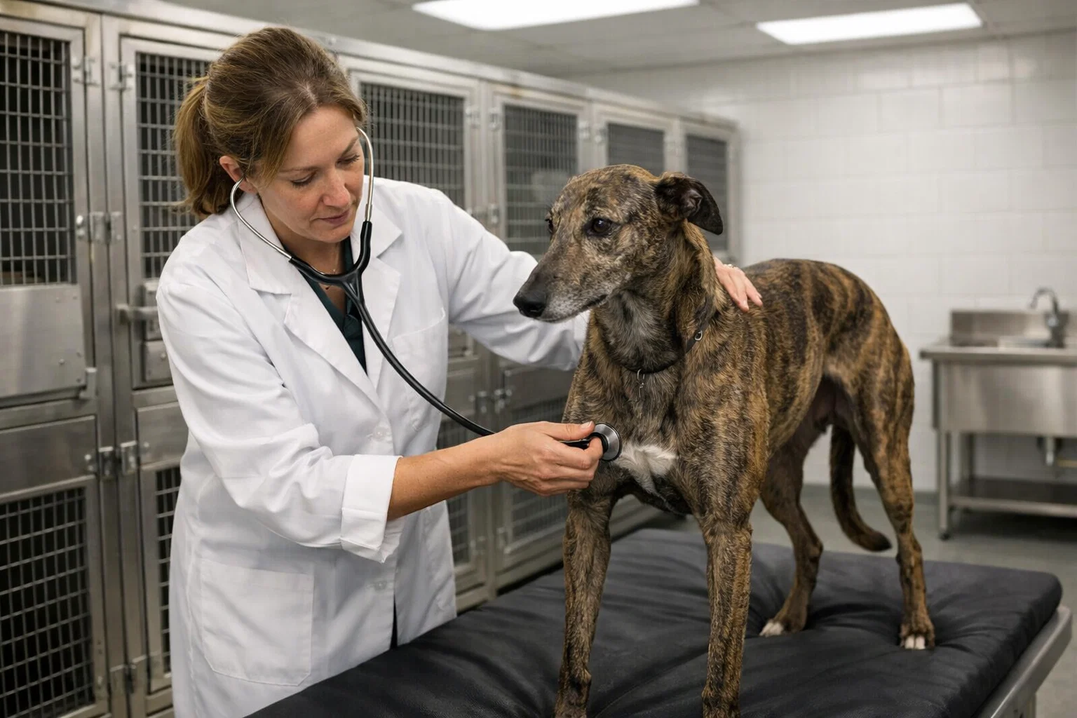 Veterinary professional examining a racing greyhound in a kennelling area at a GBGB-licensed track