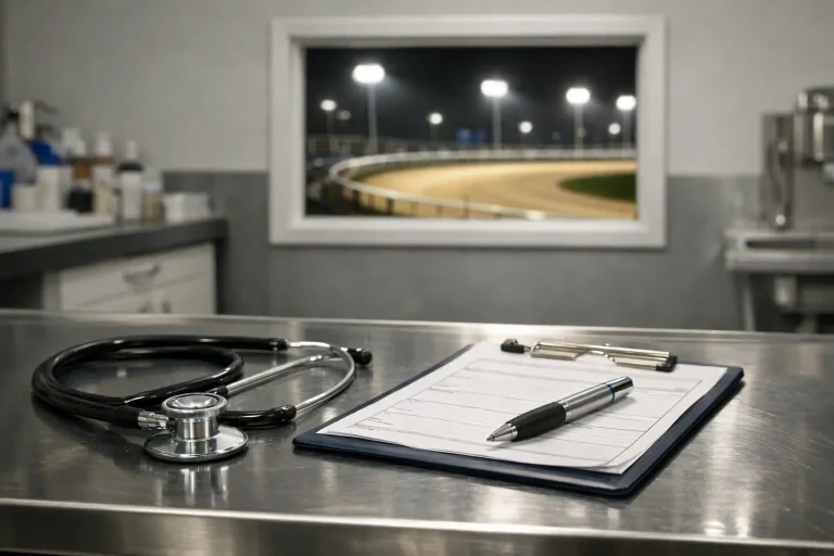 Veterinary treatment room at a greyhound stadium with stethoscope and clipboard on steel table