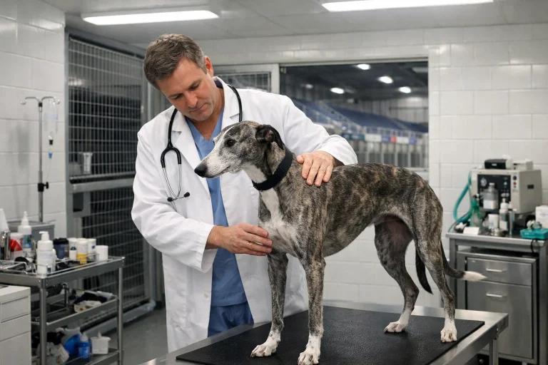 Veterinary surgeon examining a greyhound on an inspection table in a stadium kennel block