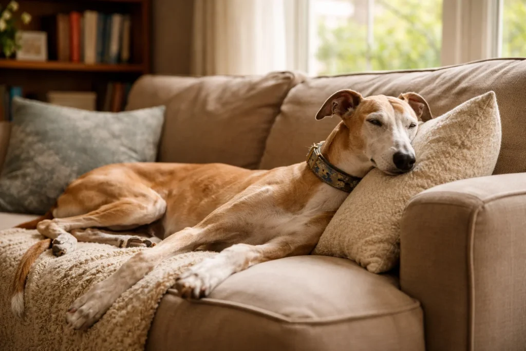 Retired greyhound resting on a living room sofa in a cosy home setting