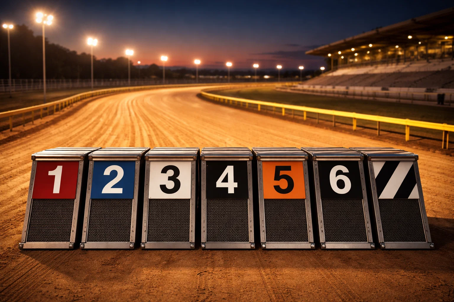 Brighton and Hove Greyhound Stadium sand track with six-trap starting boxes at the 515m distance