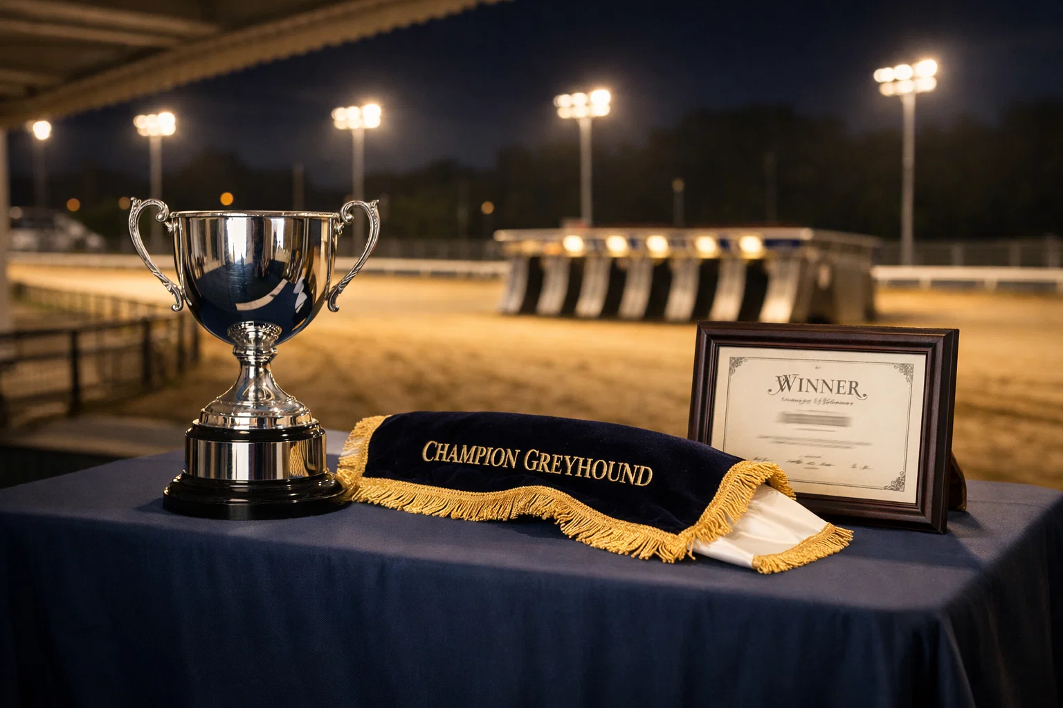 Greyhound racing trophy presentation at a category one event with six-trap starting boxes in the background