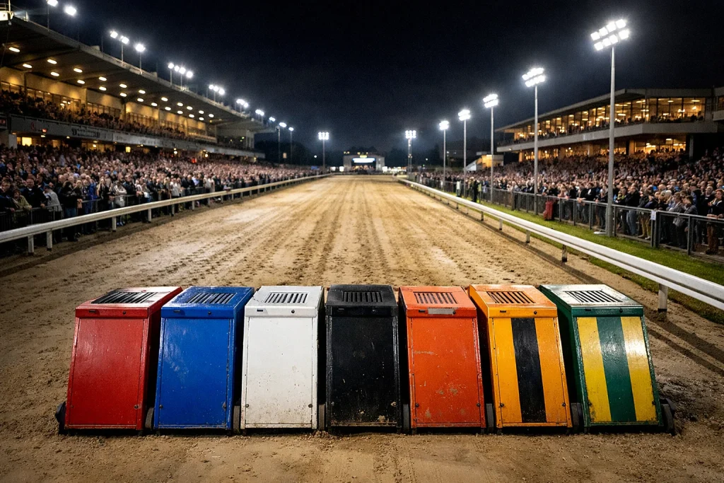 Brighton and Hove greyhound stadium on category one race night with floodlights over the 515-metre sand track