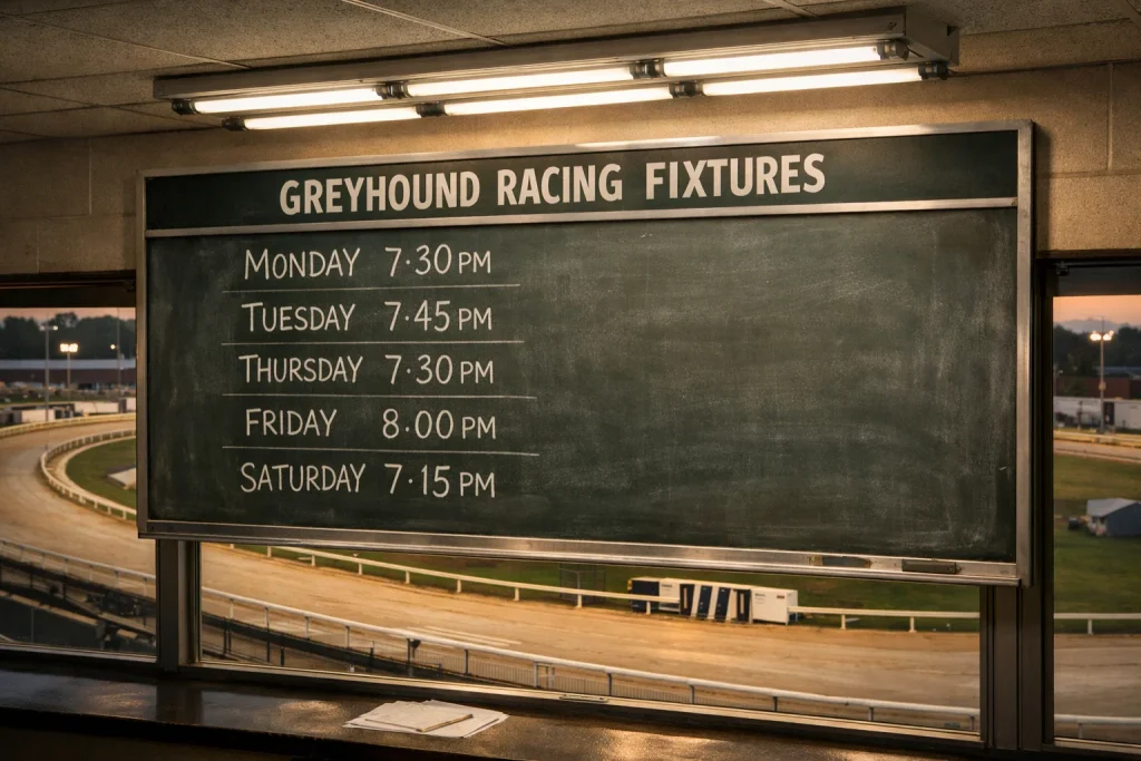 Weekly fixture schedule board showing five Hove greyhound race meetings