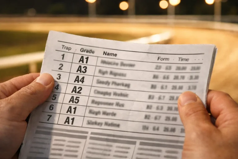 Greyhound racecard showing the A-grade column from A1 at the top to A9 at the bottom