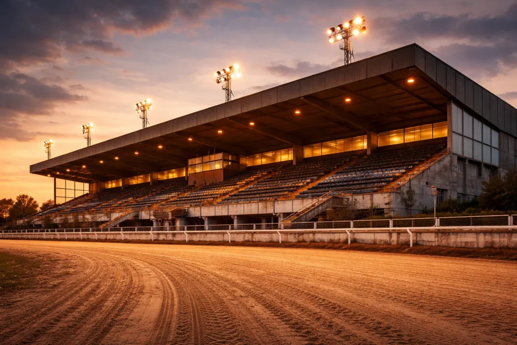 Brighton and Hove Greyhound Stadium grandstand and sand track under evening floodlights at Nevill Road