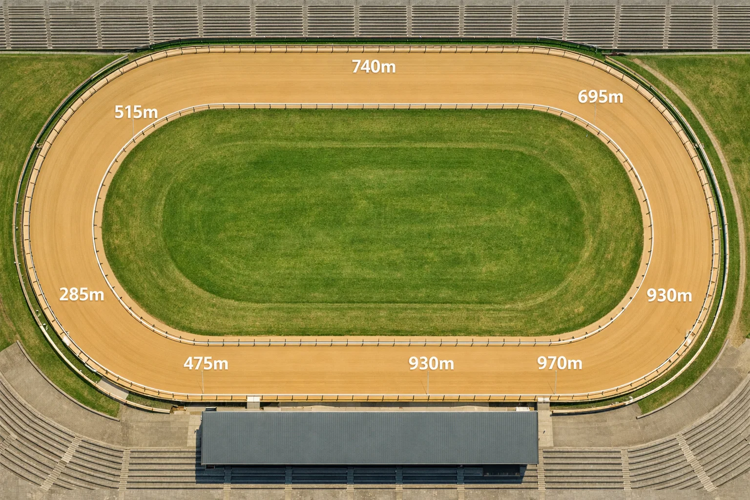Brighton and Hove Greyhound Stadium circuit showing seven race distances from 285m sprint to 970m marathon