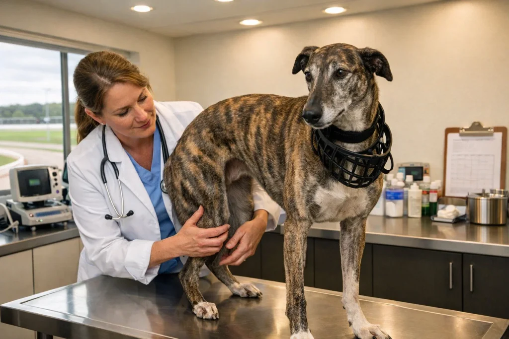 Greyhound receiving a veterinary check at a GBGB-licensed track kennel with a vet examining the dog on an inspection table