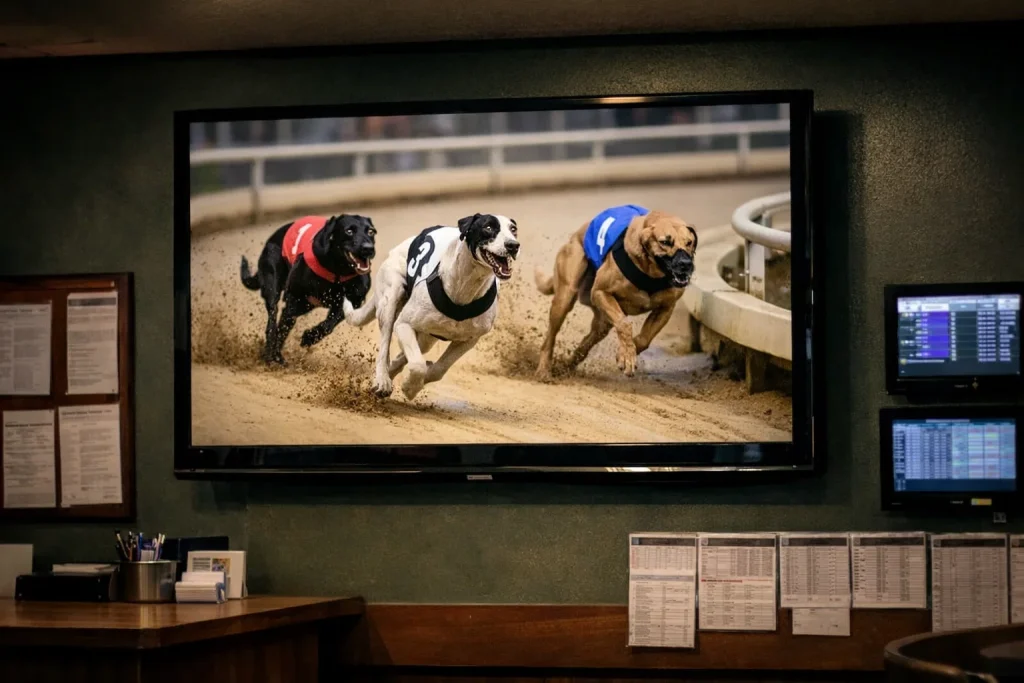Television screen inside a betting shop showing a live greyhound race broadcast
