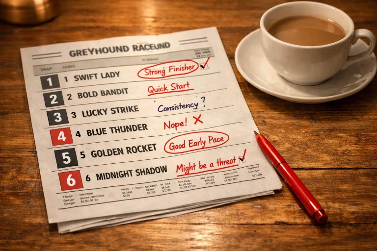 Printed Hove racecard with six runners annotated in red pen on a wooden table