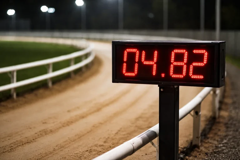 Electronic timing display at a greyhound track showing sectional split time at the first bend