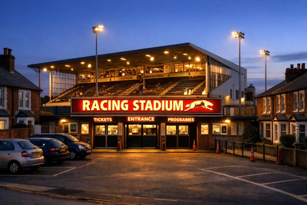 Brighton and Hove Greyhound Stadium on Nevill Road with grandstand and track