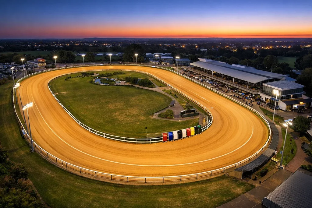 Aerial view of Brighton and Hove greyhound track showing the 455-metre circumference and seven race distance start positions