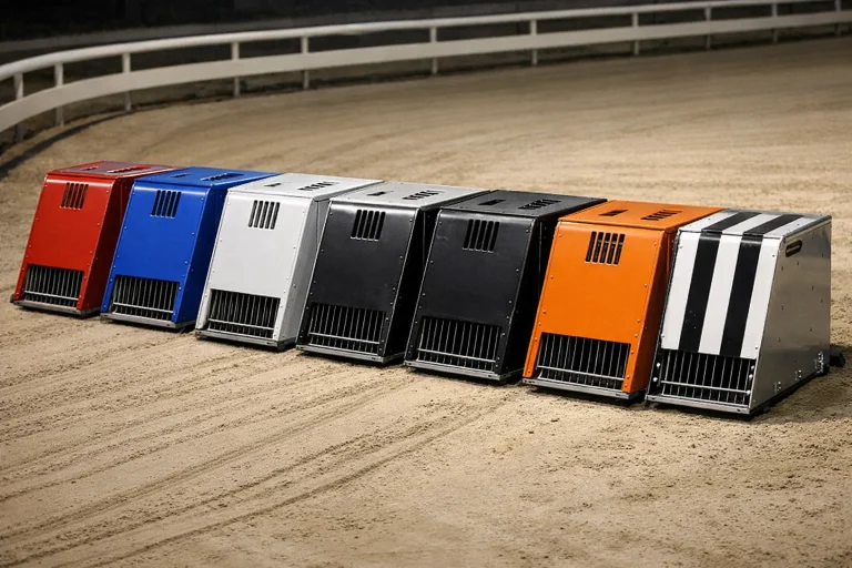 Six numbered starting traps lined up on a greyhound racing track before a 515m race