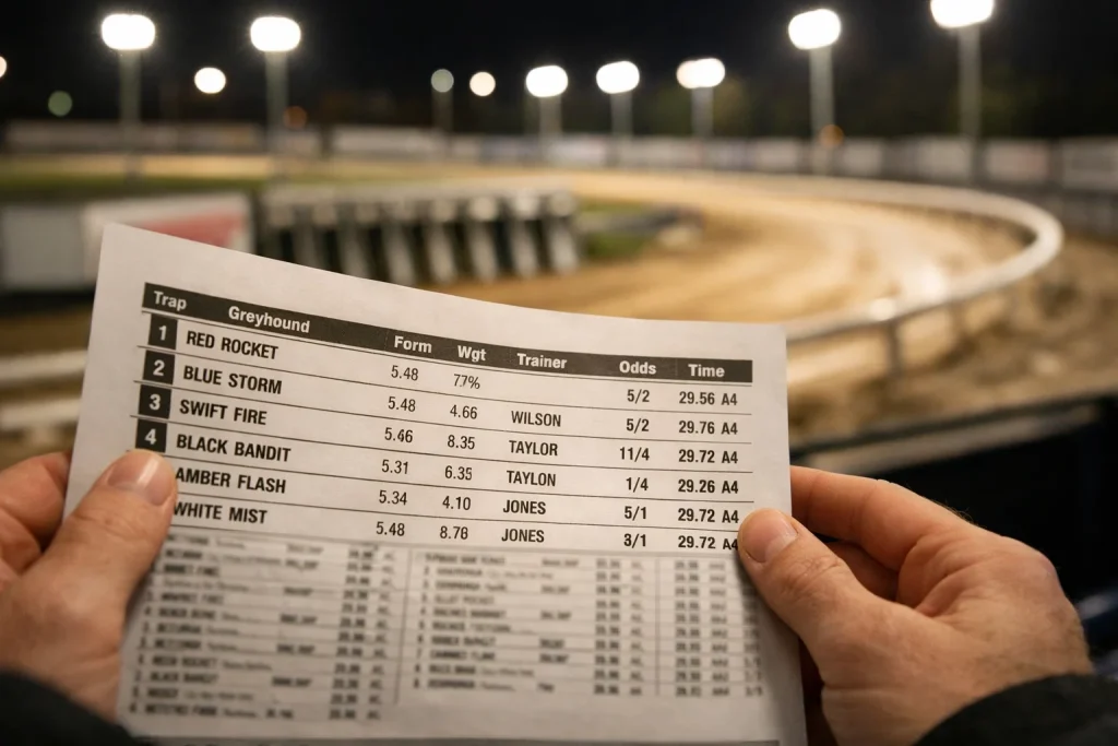 Hove greyhound racecard with annotated columns showing trap draw, grading, sectional times and SP prices