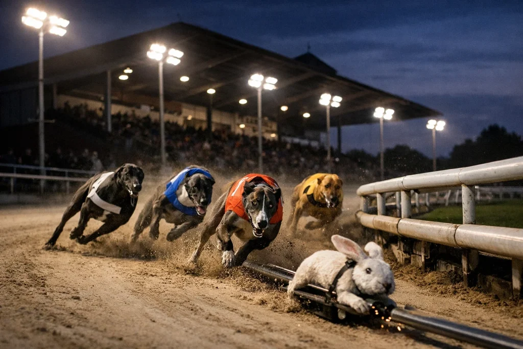 Greyhounds chasing the hare around a sand-surfaced track during a heritage stakes race