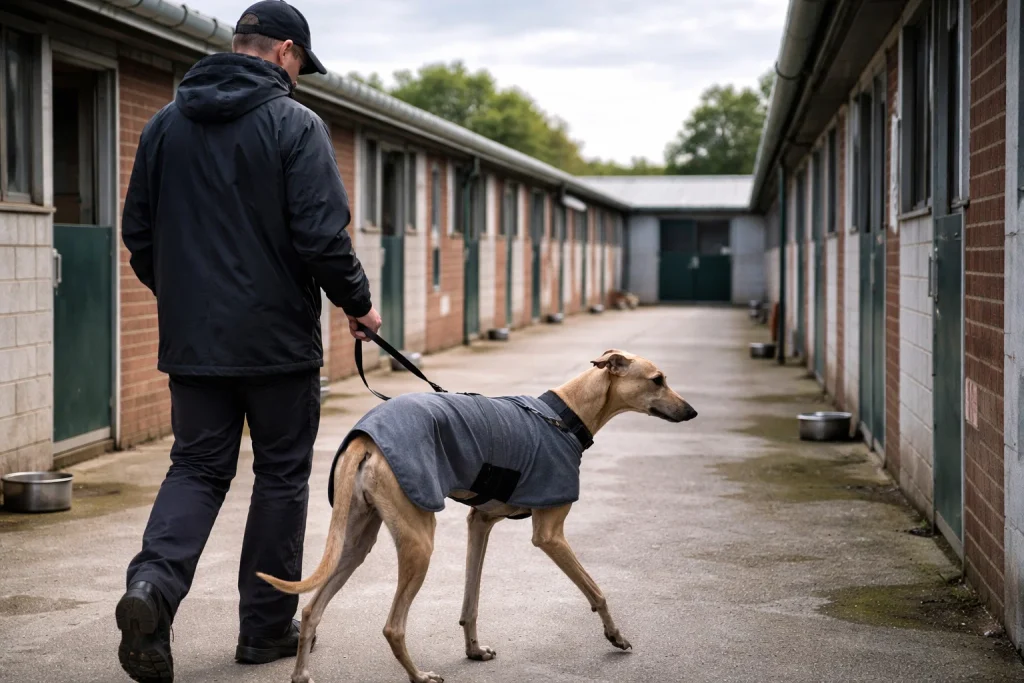 Greyhound trainer walking a racing greyhound on a lead beside kennel buildings at a track