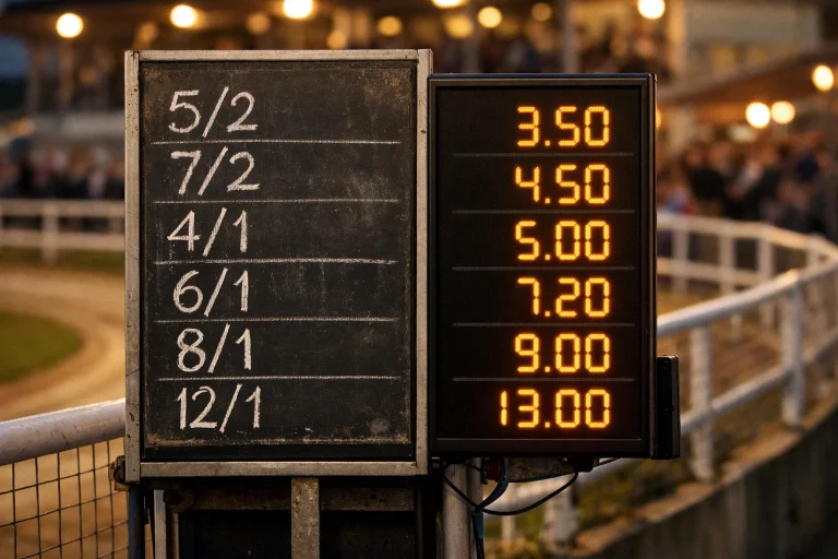 Greyhound racing odds board showing SP fractional price next to BSP decimal price at a track betting ring