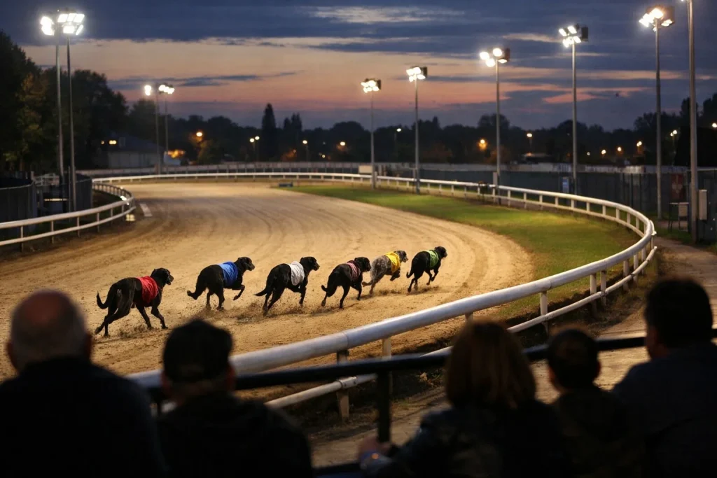 Six greyhounds racing on a floodlit sand track during a stakes race final
