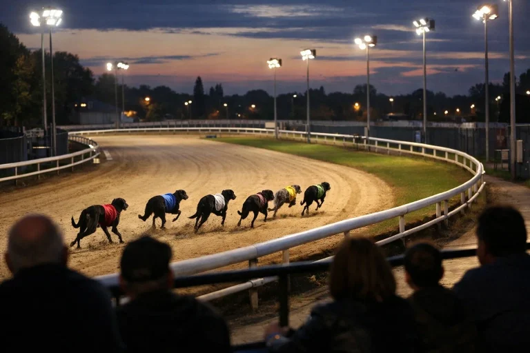 Six greyhounds racing on a floodlit sand track during a stakes race final