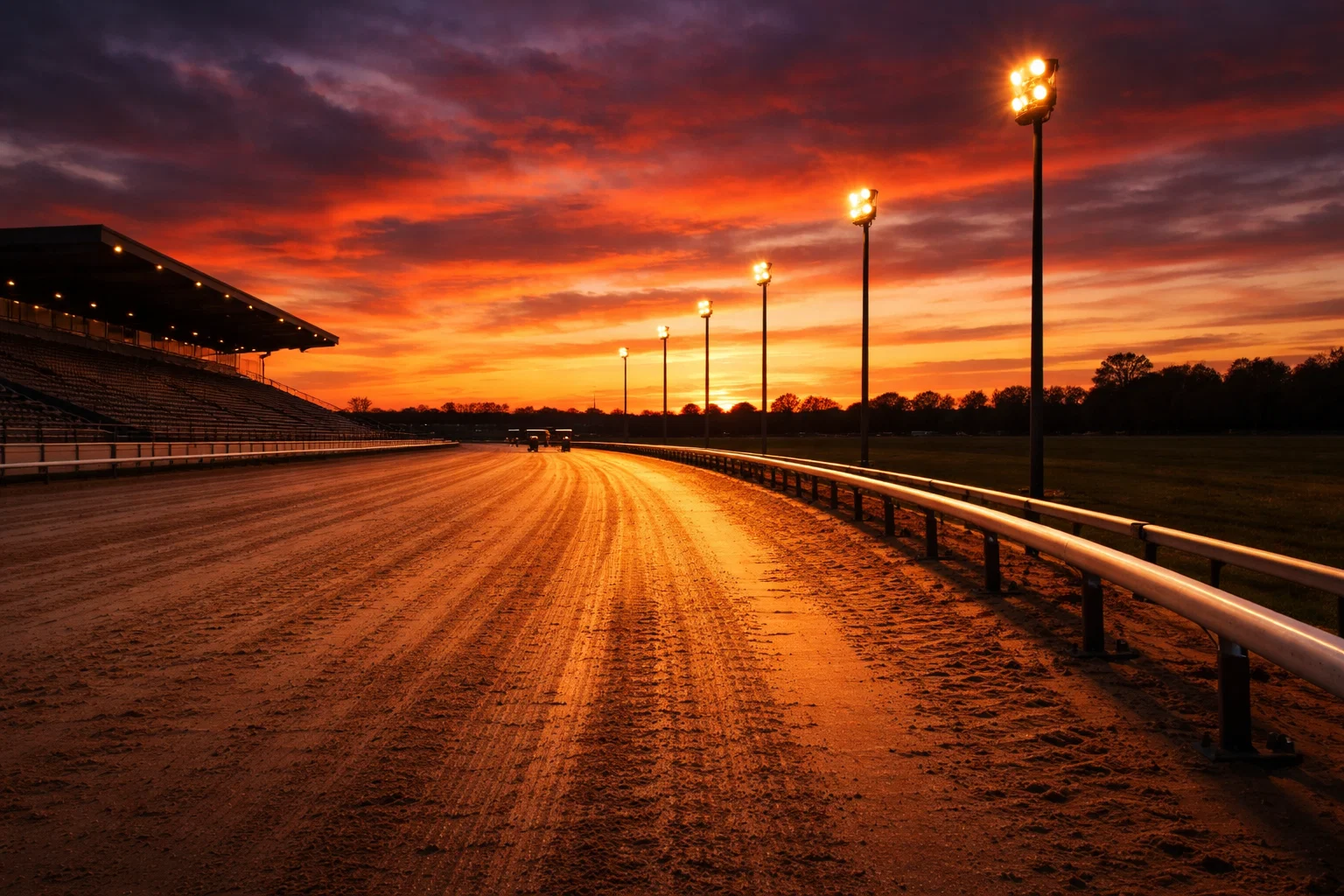 Sand greyhound track at dusk with starting traps and floodlight pylons silhouetted against the sky
