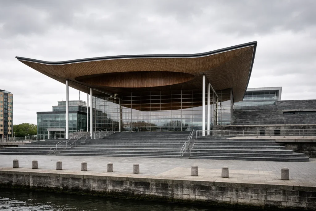 Exterior of the Welsh Senedd building in Cardiff Bay